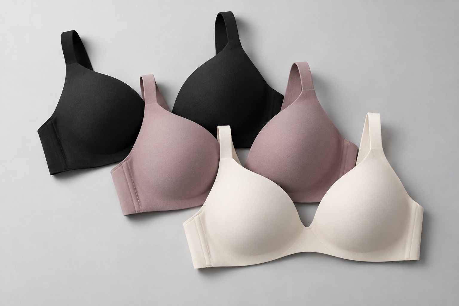 Illustrative studio arrangement of seamless bras; actual stock and colours may differ